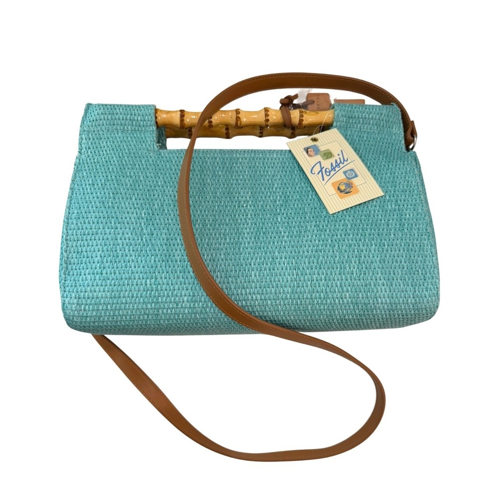 Fossil Straw Bamboo Handle Crossbody Bag Turquoise Blue Woven Summer Handbag NEW - Picture 6 of 12